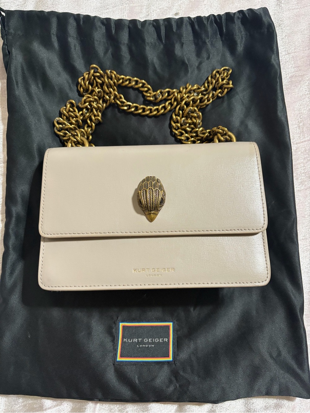Kurt Geiger Beige Leather Crossbody with Gold Chain